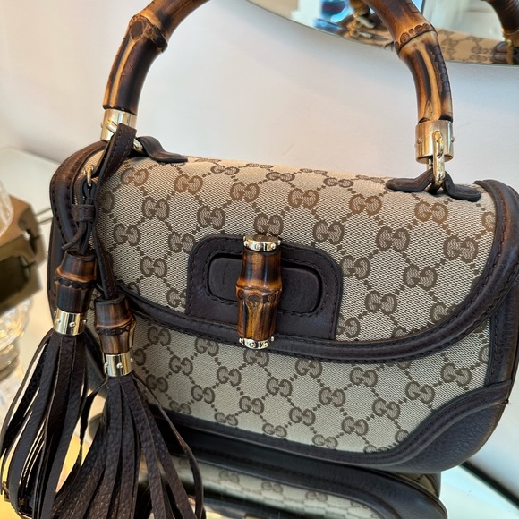 Gucci Bamboo 1947 Medium Original GG canvas w brown leather details & tassels - Picture 12 of 15
